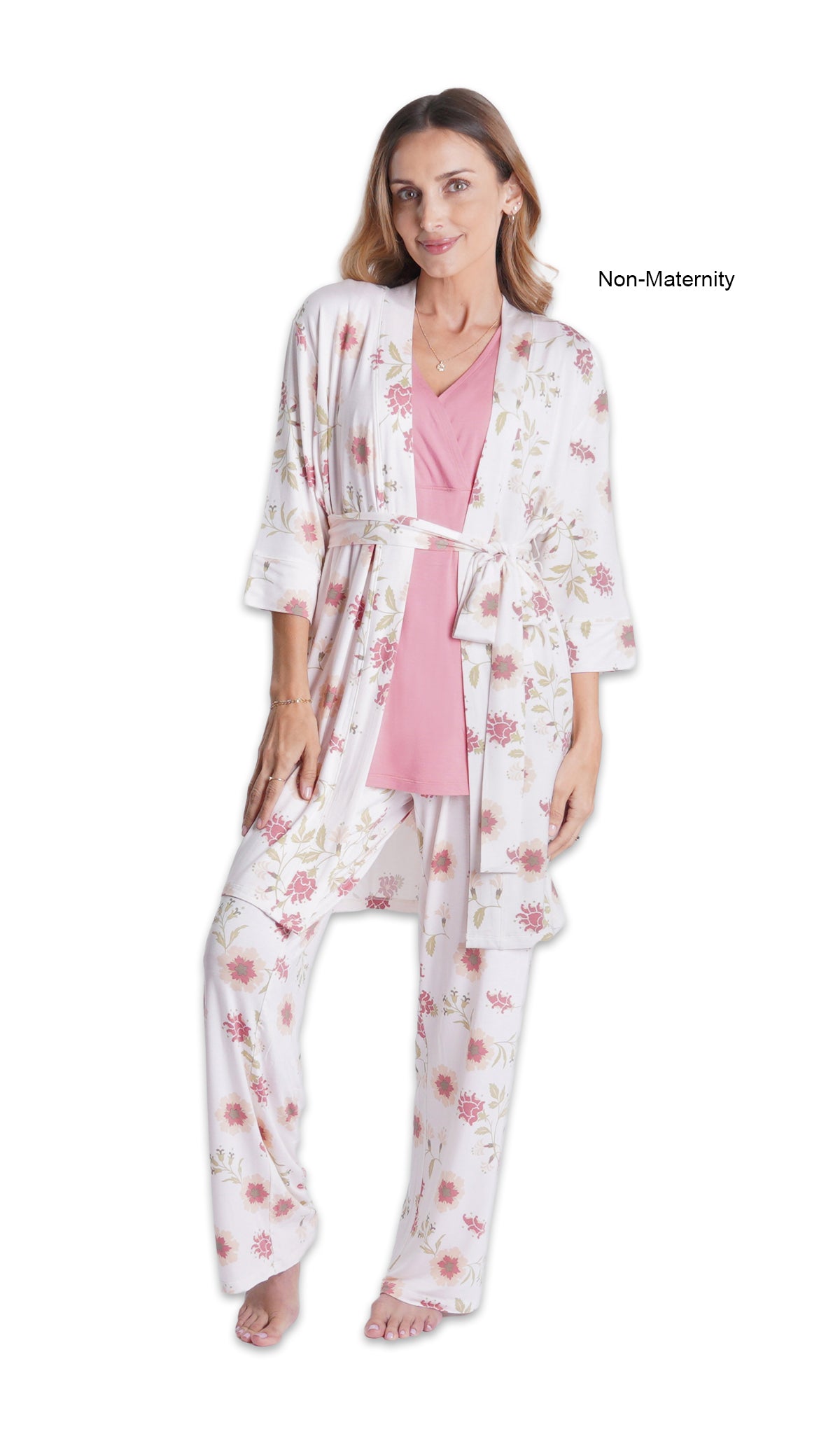 Cottage Floral Analise 3-Piece Set. Woman wearing 3/4 sleeve robe, tank top and pant as non-maternity with non-maternity text to right.