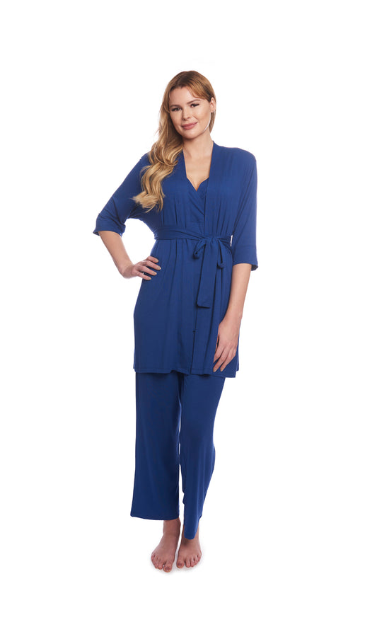 Denim Blue Analise 3-Piece Set. Woman wearing 3/4 sleeve robe, tank top and pant with one hand on hip.
