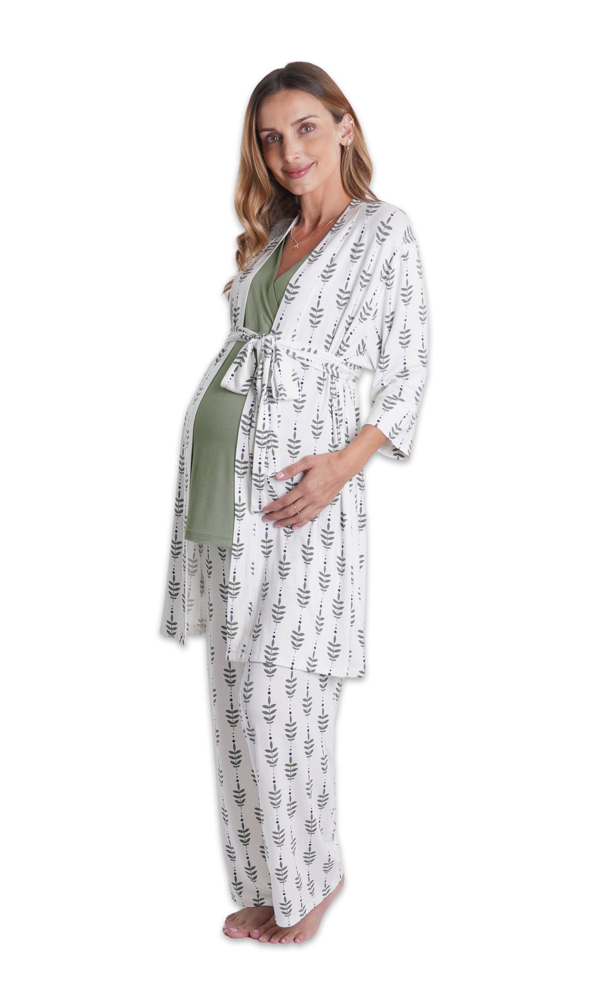 Eucalyptus Analise 3-Piece Set. Pregnant woman wearing 3/4 sleeve robe, tank top and pant with one hand under belly.