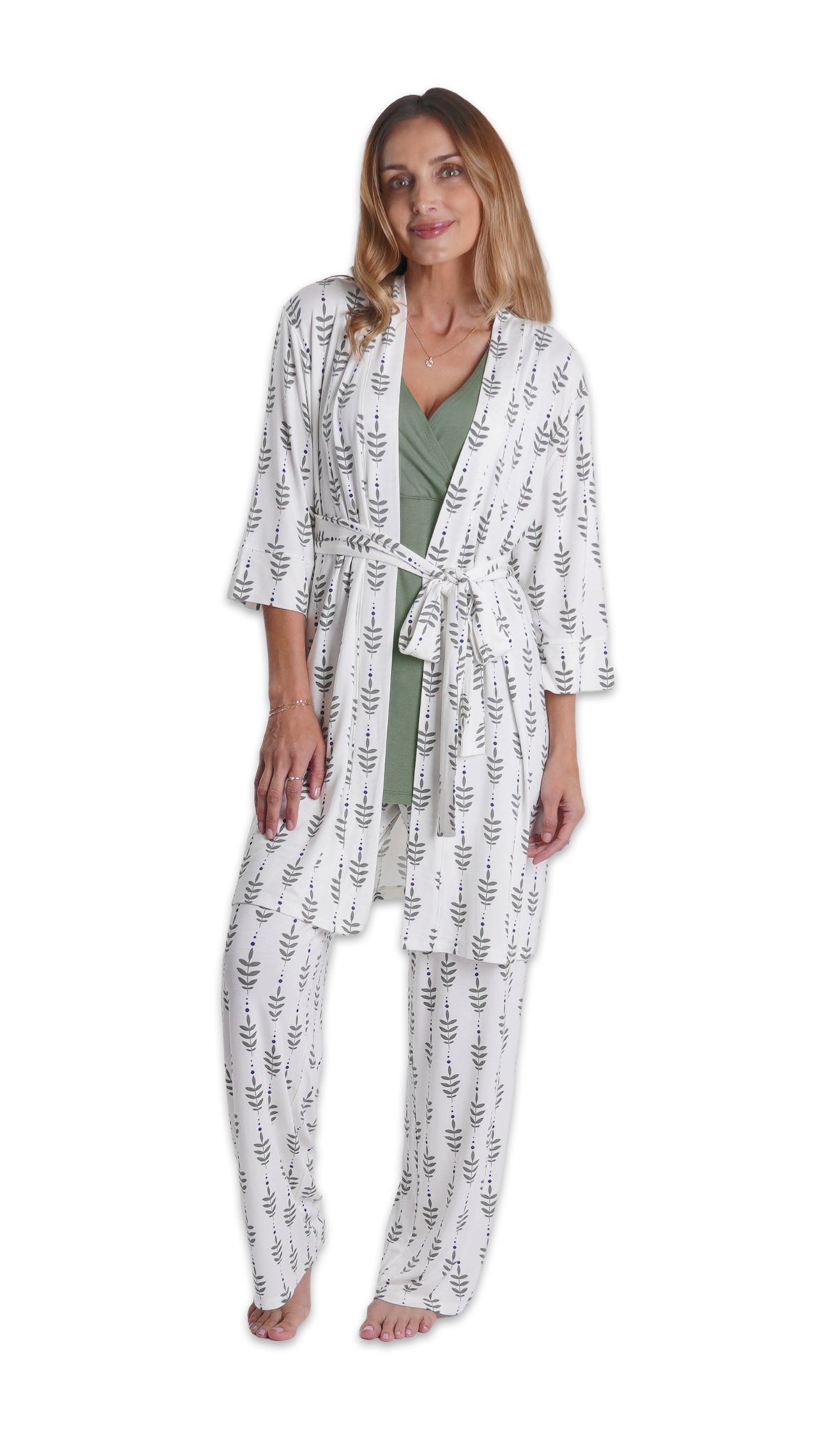 Eucalyptus Analise 3-Piece Set. Woman wearing 3/4 sleeve robe, tank top and pant.