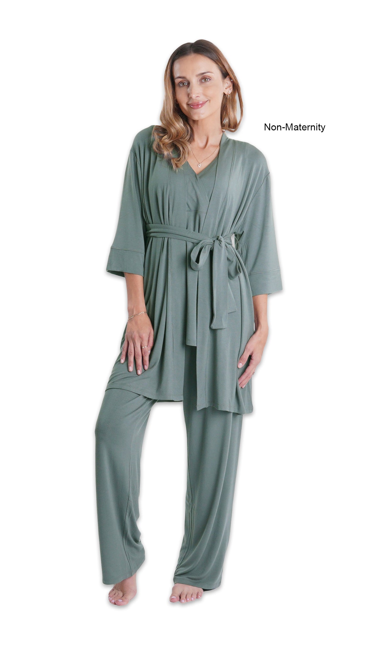 Fog Analise 3-Piece Set. Woman wearing 3/4 sleeve robe, tank top and pant as non-maternity with non-maternity text to right.