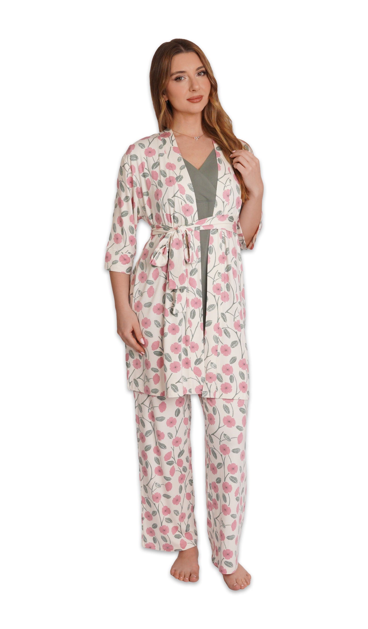 Honey Bloom Analise 3-Piece Set. Woman wearing 3/4 sleeve robe, tank top and pant as non-maternity with one hand touching hair.