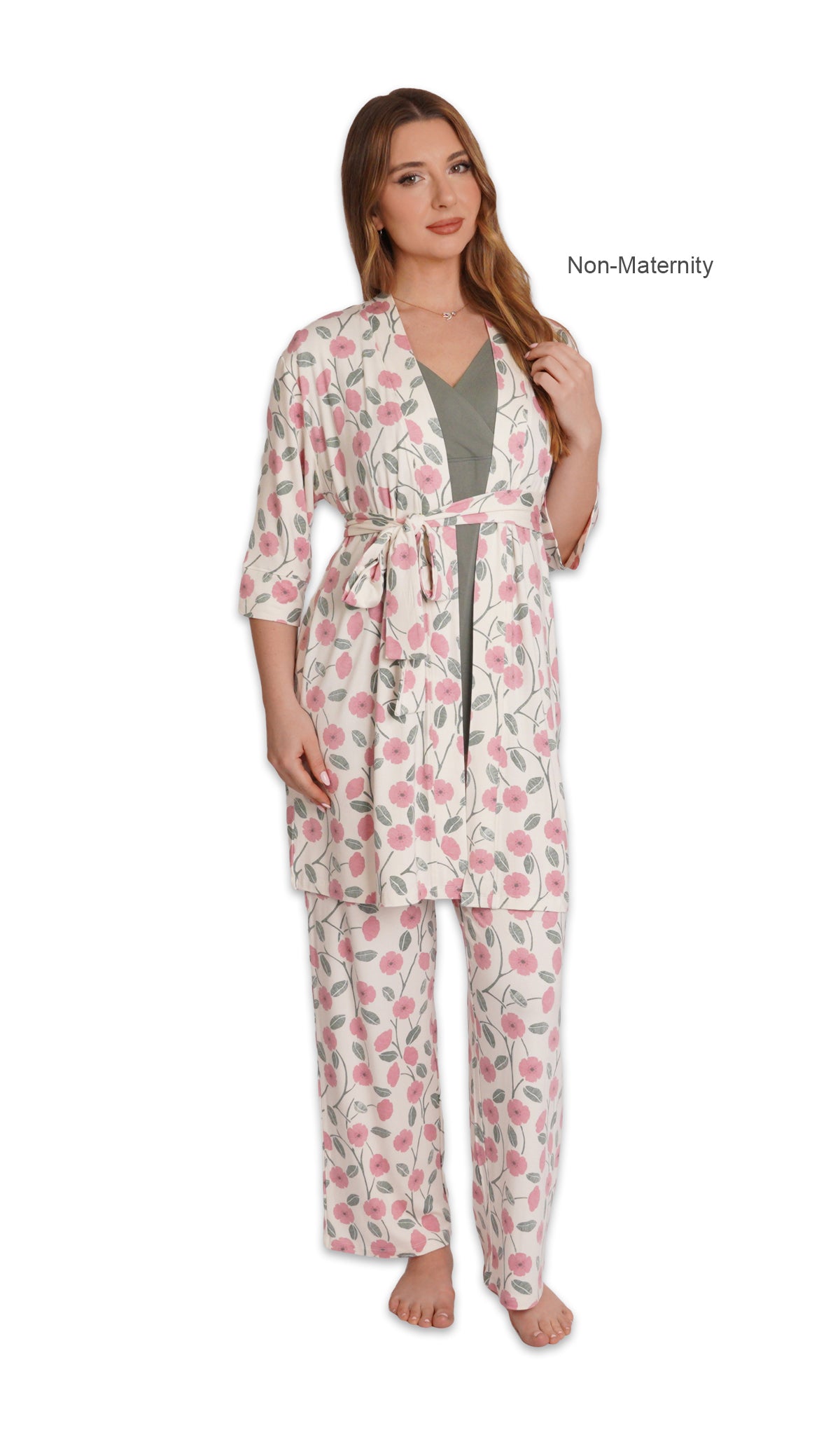 Honey Bloom Analise 3-Piece Set. Woman wearing 3/4 sleeve robe, tank top and pant as non-maternity with one hand touching hair.