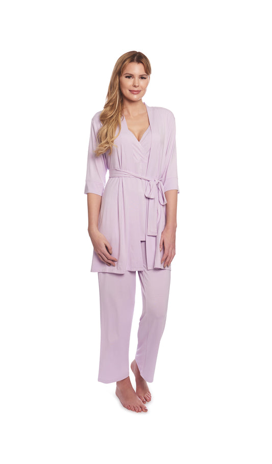 Lavender Analise 3-Piece Set. Woman wearing 3/4 sleeve robe, tank top and pant.