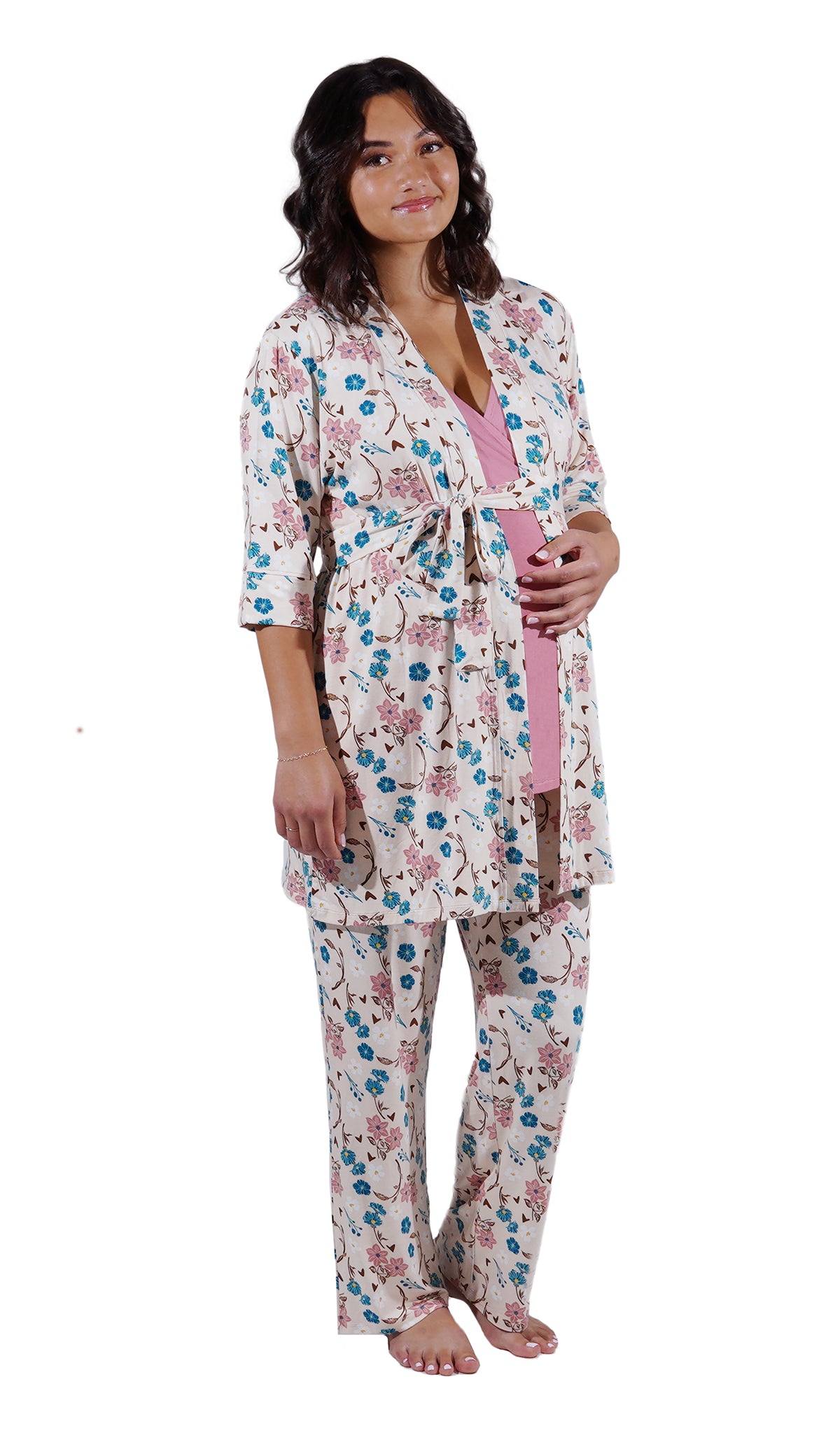 Magnolia Analise 3-Piece Set. Pregnant woman wearing 3/4 sleeve robe, tank top and pant with one hand on belly.