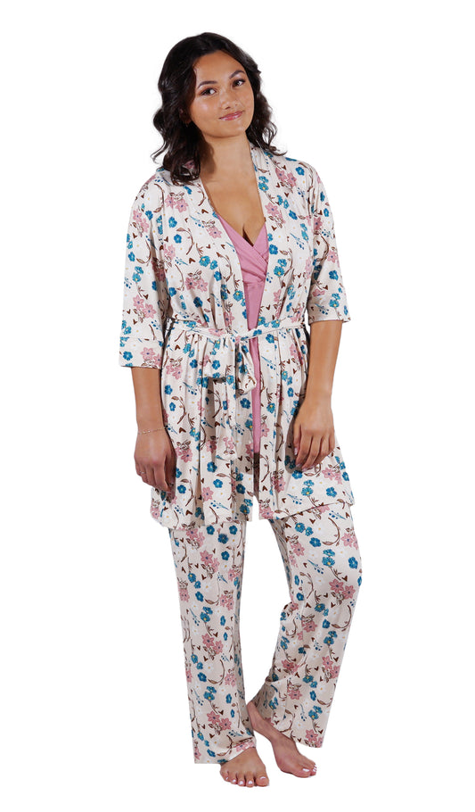 Magnolia Analise 3-Piece Set. Woman wearing 3/4 sleeve robe, tank top and pant with arms down to side.