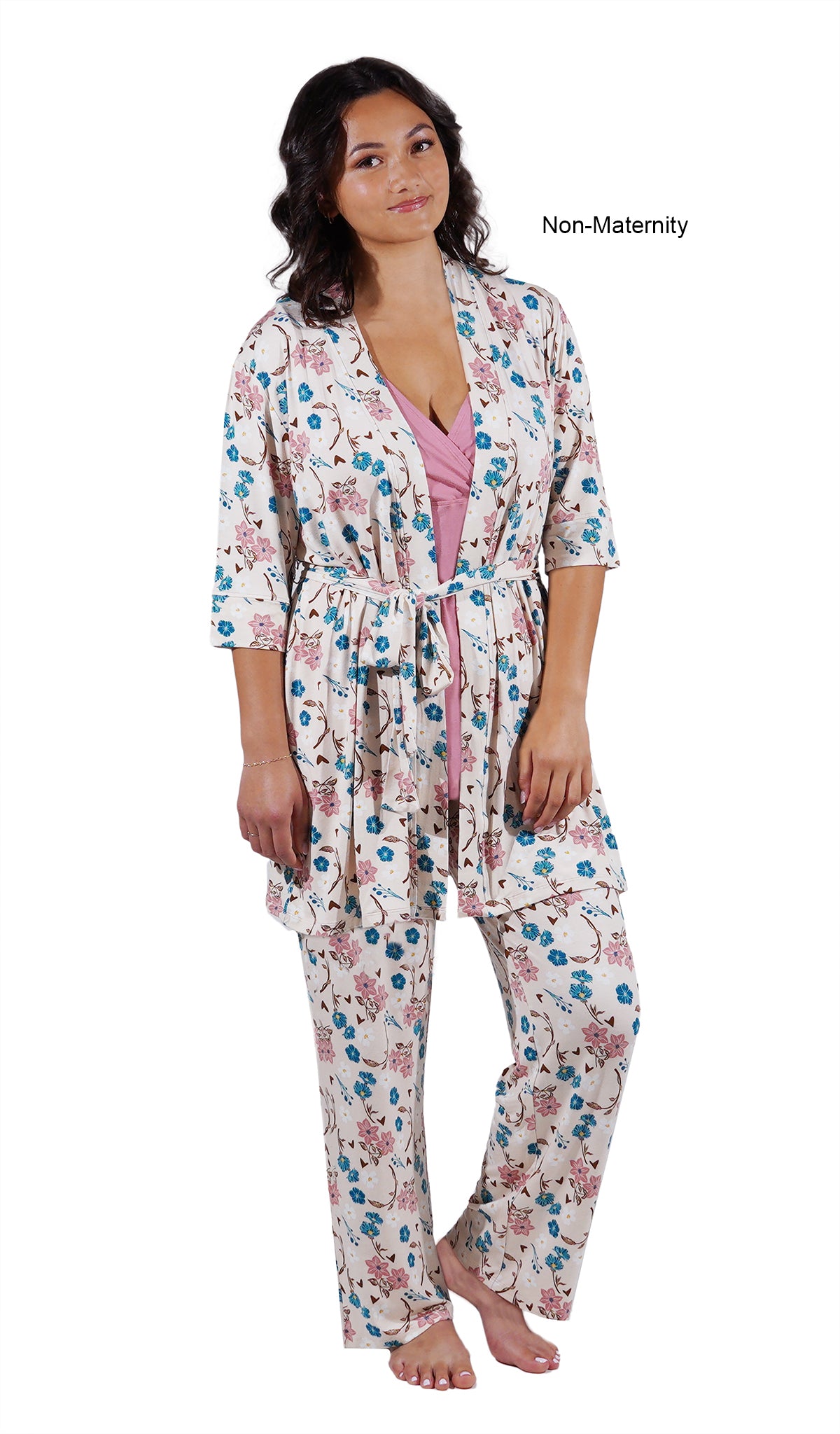 Magnolia Analise 3-Piece Set. Woman wearing 3/4 sleeve robe, tank top and pant as non-maternity with one arms down to side.