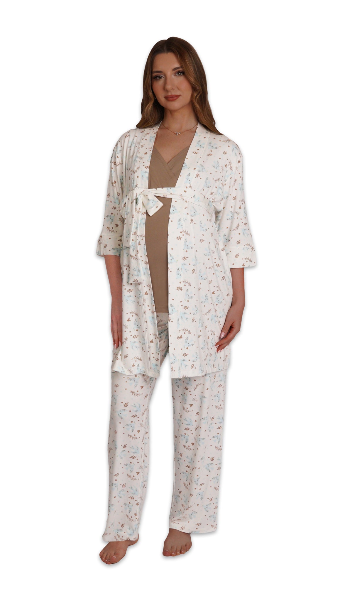 Nest Analise 3-Piece Set. Pregnant woman wearing 3/4 sleeve robe, tank top and pant with both hands down to sides.