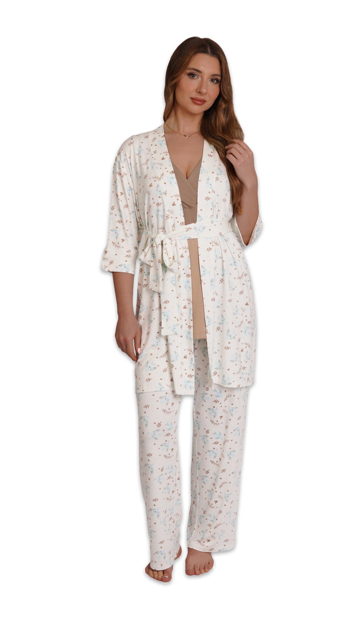 Nest Analise 3-Piece Set. Woman wearing 3/4 sleeve robe, tank top and pant with one hand touching hair.