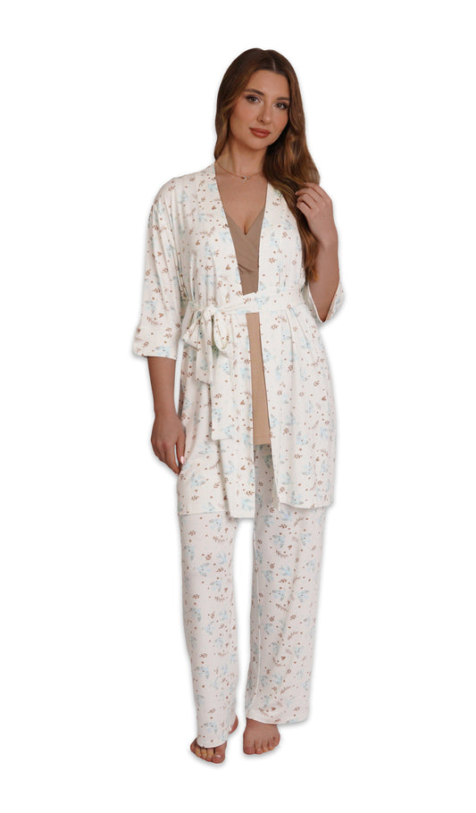 Nest Analise 3-Piece Set. Woman wearing 3/4 sleeve robe, tank top and pant with one hand touching hair.