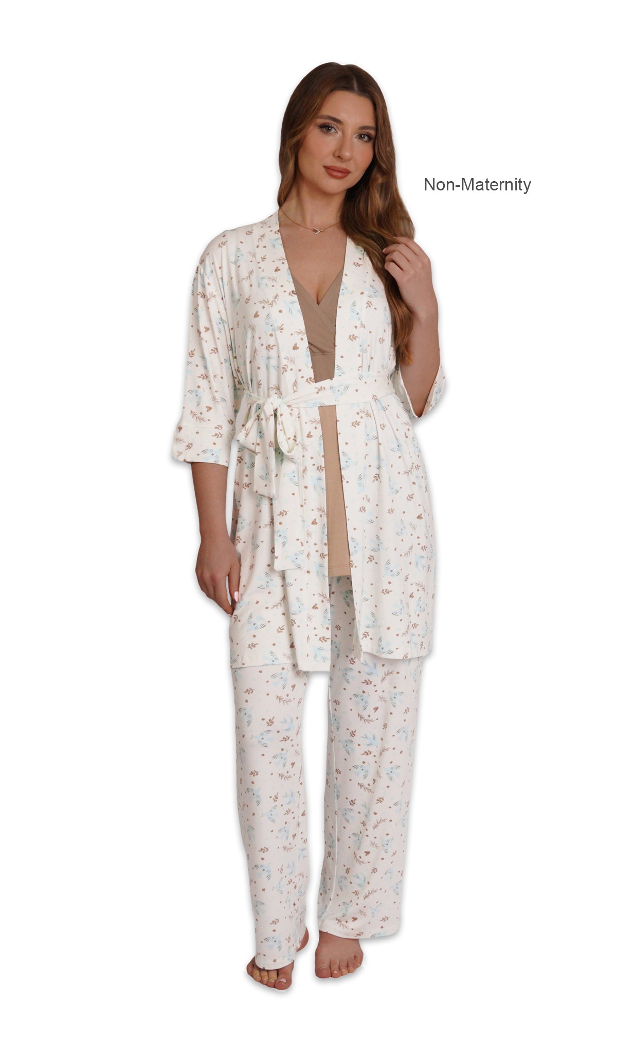 Nest Analise 3-Piece Set. Woman wearing 3/4 sleeve robe, tank top and pant as non-maternity with one hand touching hair.