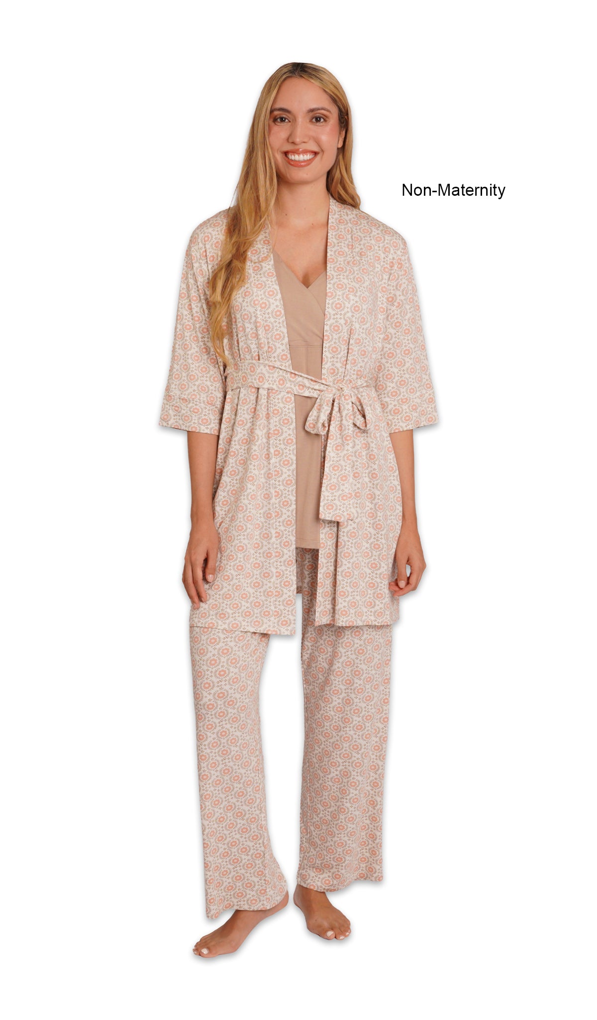 Bohemian Analise 3-Piece Set. Woman wearing 3/4 sleeve robe, tank top and pant as non-maternity.