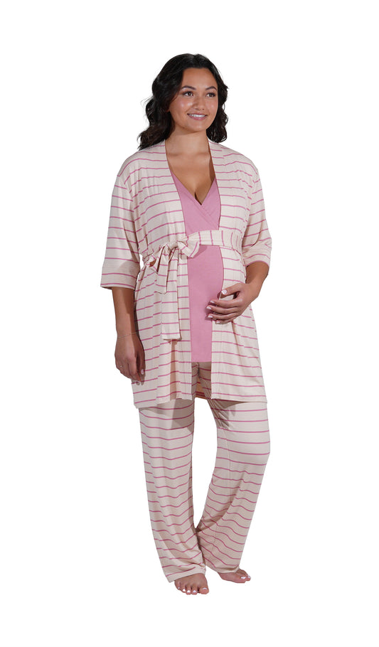 Pink Stripe Analise 3-Piece Set. Pregnant woman wearing 3/4 sleeve robe, tank top and pant with one hand under belly.