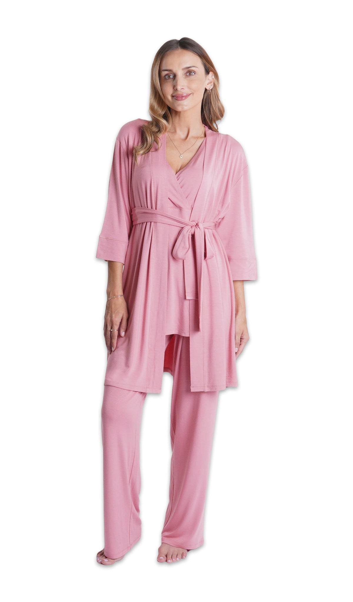 Rose Analise 3-Piece Set. Woman wearing 3/4 sleeve robe, tank top and pant.