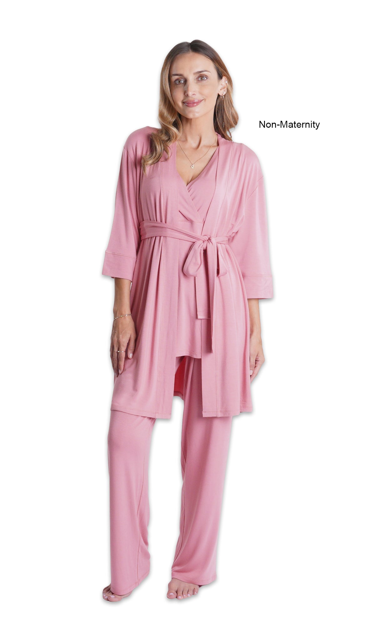 Rose Analise 3-Piece Set. Woman wearing 3/4 sleeve robe, tank top and pant as non-maternity with non-maternity text to right.