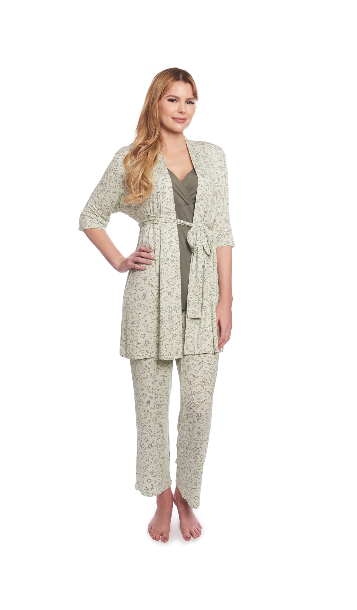 Sage Doodle Analise 3-Piece Set. Woman wearing 3/4 sleeve robe, tank top and pant with one hand on hip.