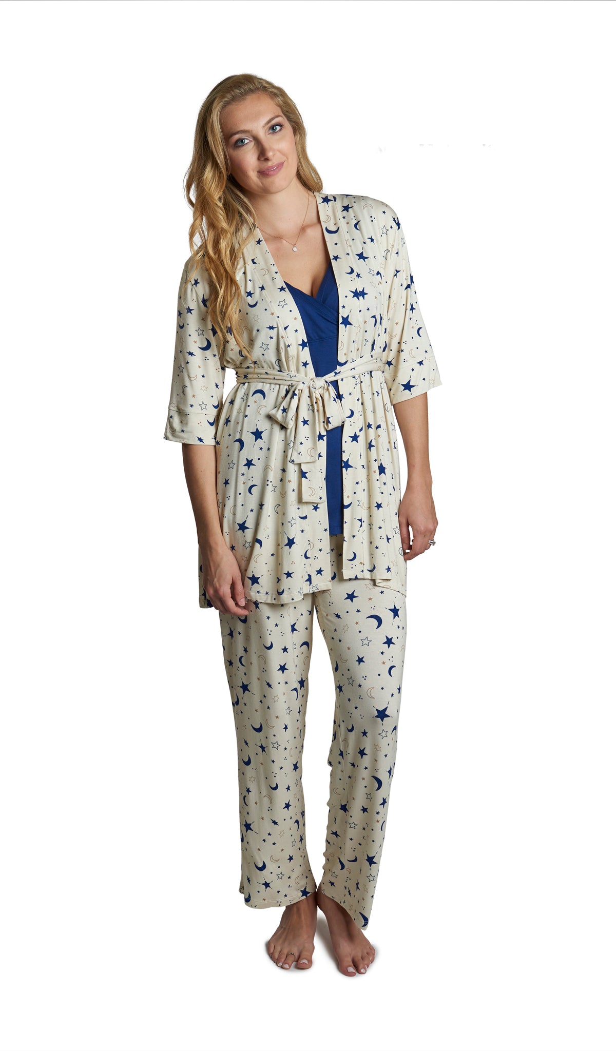 Twinkle Analise 3-Piece Set. Woman wearing 3/4 sleeve robe, tank top and pant.