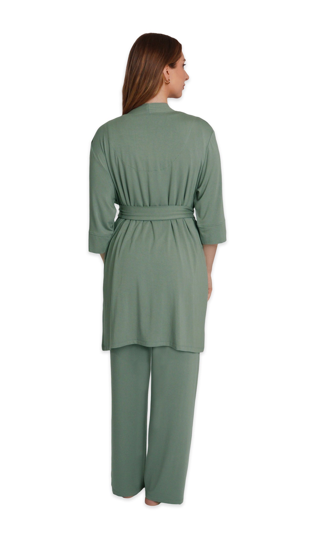 Basil Analise 3-Piece Set, back shot of woman wearing robe and pant.