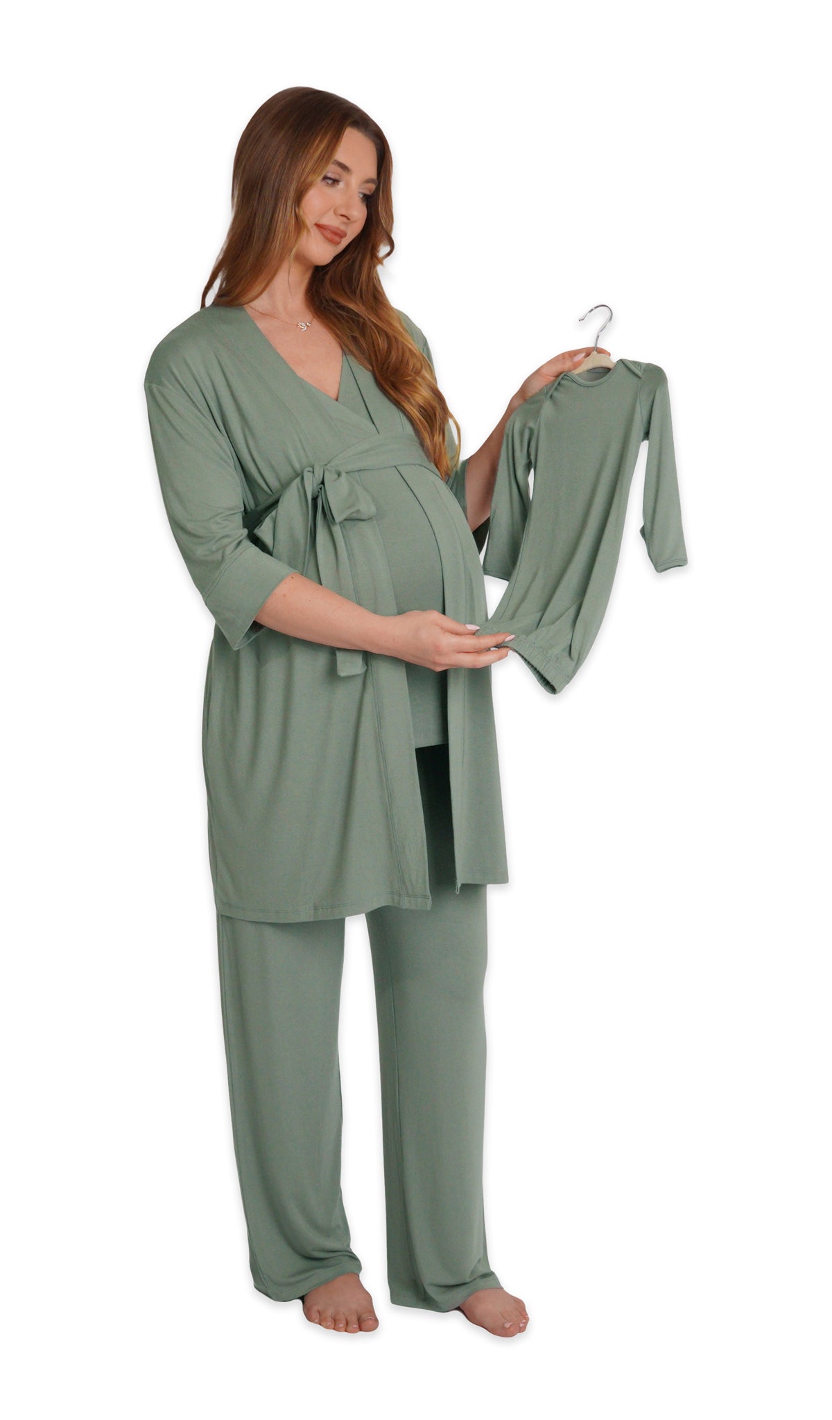 Basil Analise 5-Piece Set. Pregnant woman wearing 3/4 sleeve robe, tank top and pant while holding a baby gown on hanger.