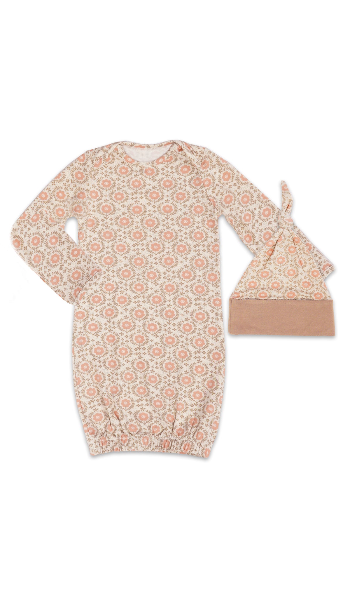 Bohemian Gown 2-Piece with long sleeve baby gown and matching knotted hat.