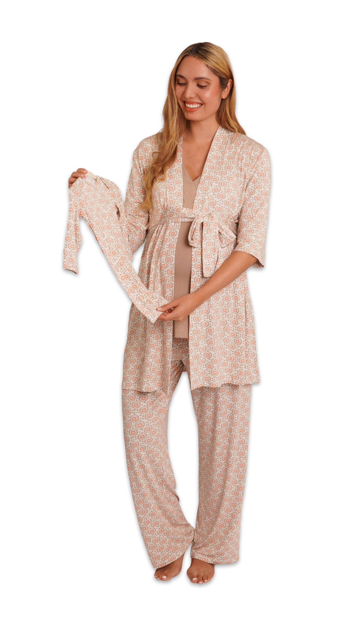 Bohemian Analise 5-Piece Set. Pregnant woman wearing 3/4 sleeve robe, tank top and pant while holding a baby gown on hanger.