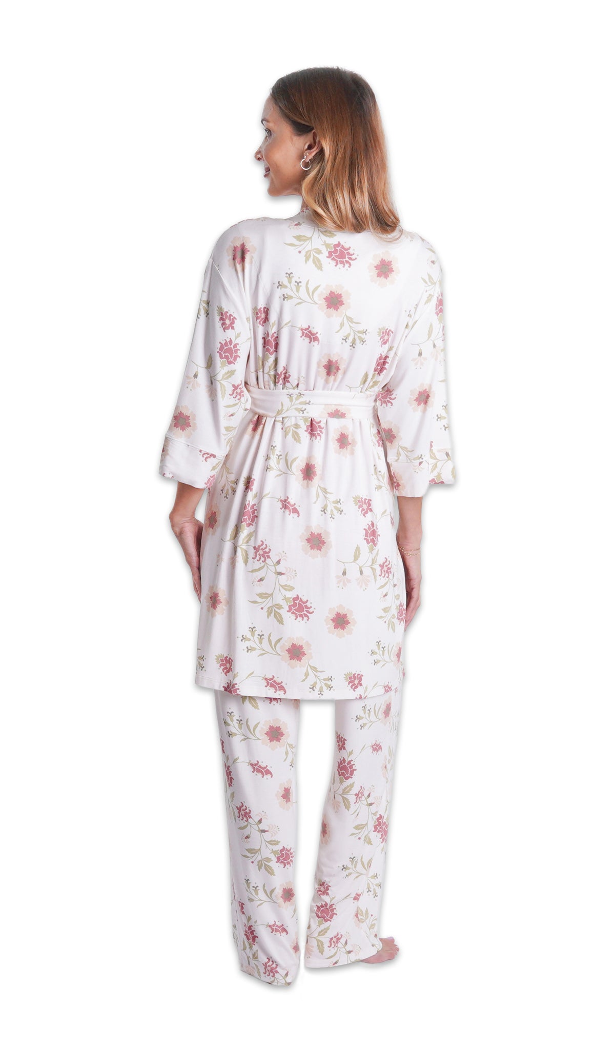 Cottage Floral Analise 3-Piece Set, back shot of woman wearing robe and pant.