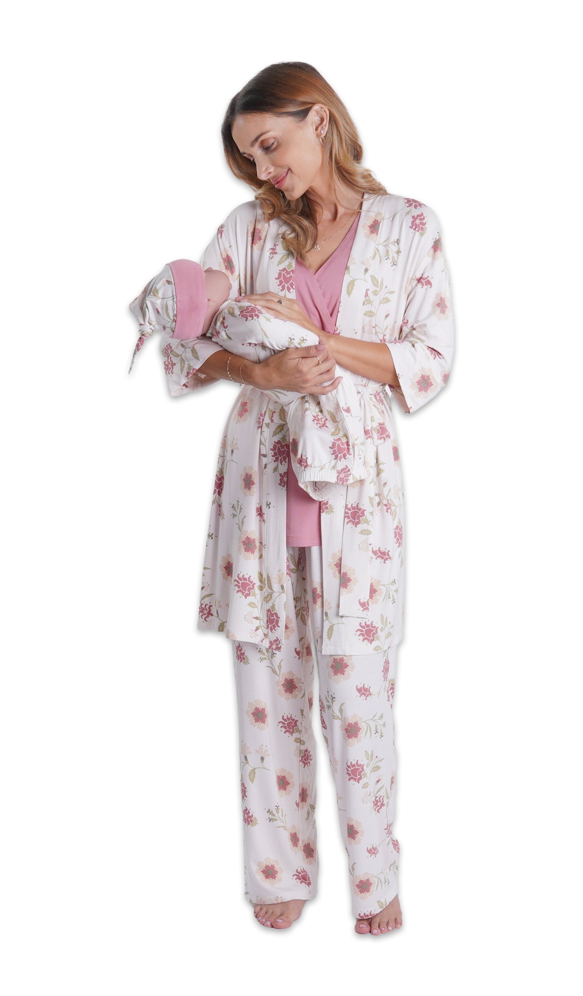 Cottage Floral Analise 5-Piece Set. Woman wearing 3/4 sleeve robe, tank top and pant while holding a baby wearing baby gown and knotted baby hat.