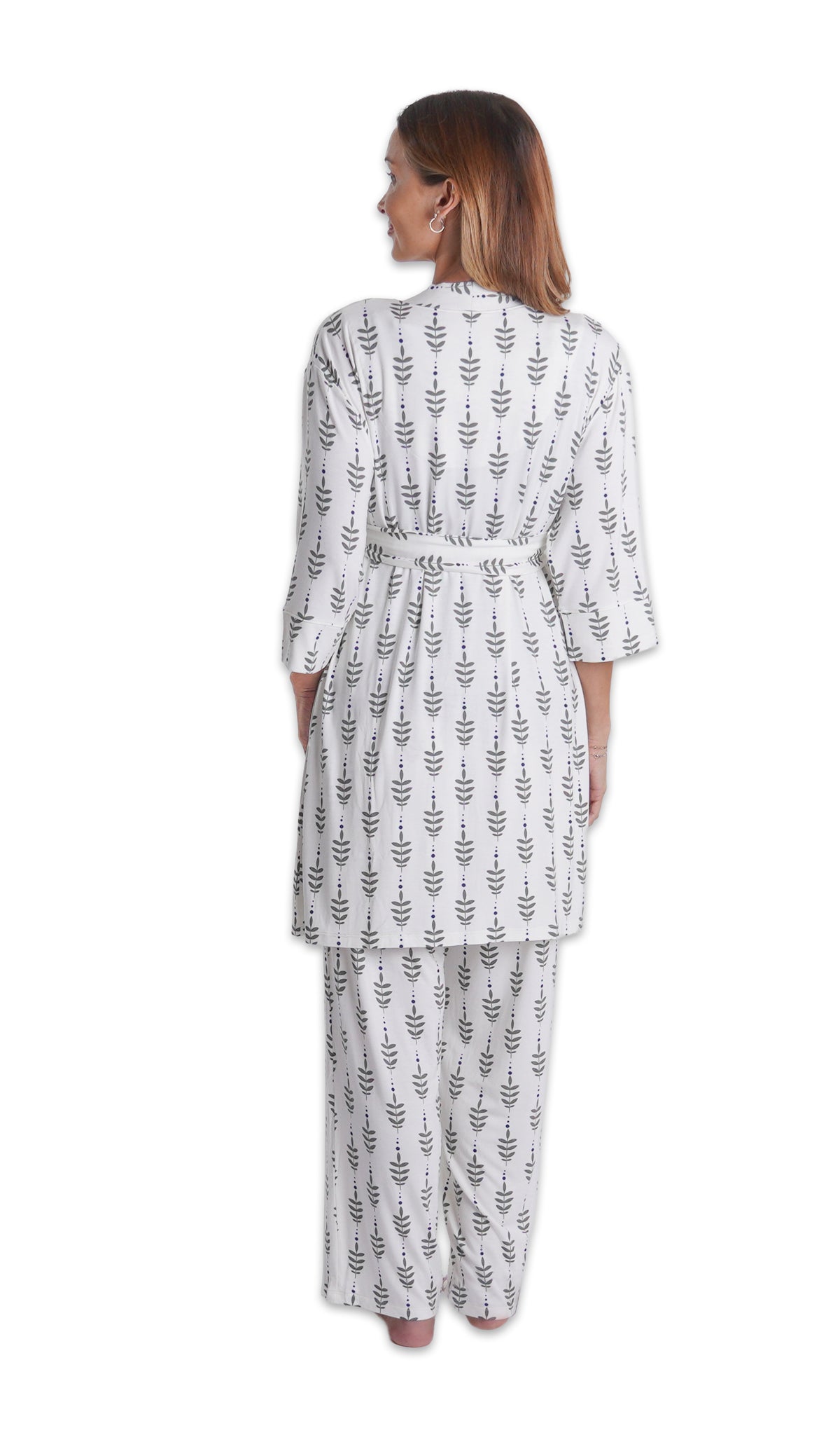 Eucalyptus Analise 5-Piece Set, back shot of woman wearing robe and pant.