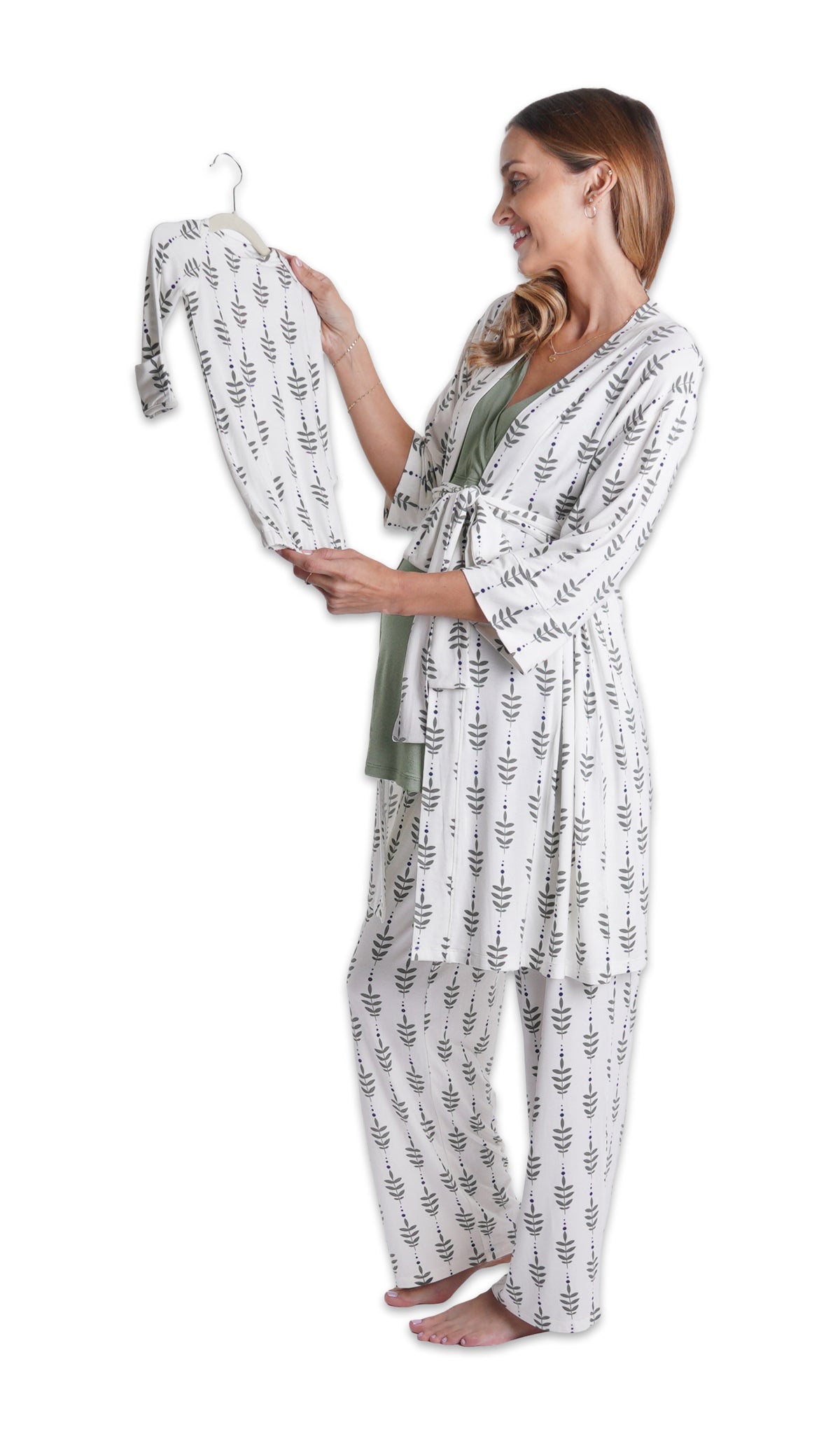 Eucalyptus Analise 5-Piece Set. Pregnant woman wearing 3/4 sleeve robe, tank top and pant while holding a baby gown on hanger.
