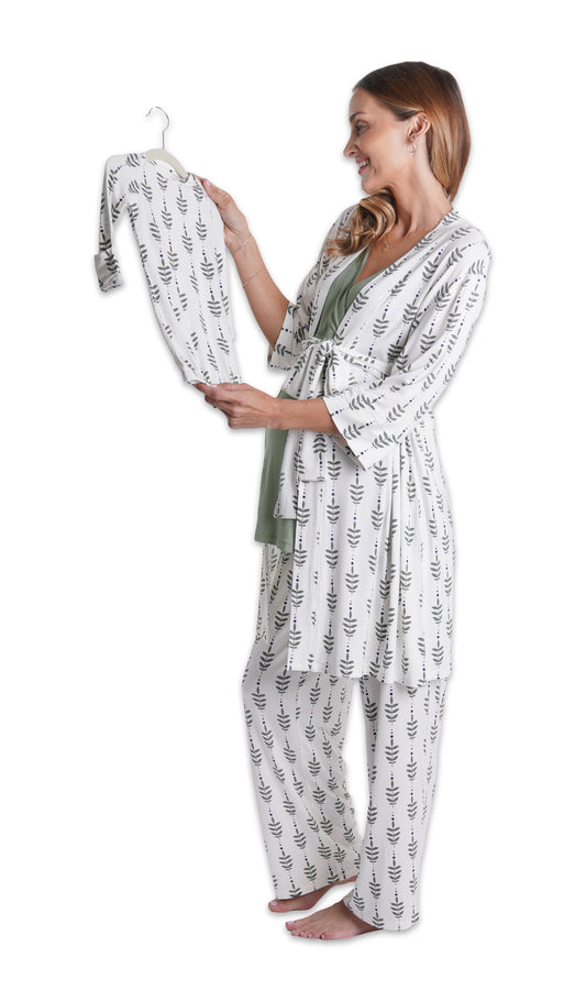 Eucalyptus Analise 5-Piece Set. Pregnant woman wearing 3/4 sleeve robe, tank top and pant while holding a baby gown on hanger.