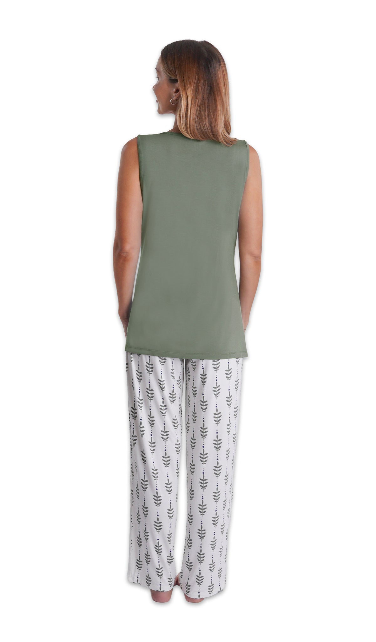 Eucalyptus Analise 3-Piece Set, back shot of woman wearing tank top and pant.