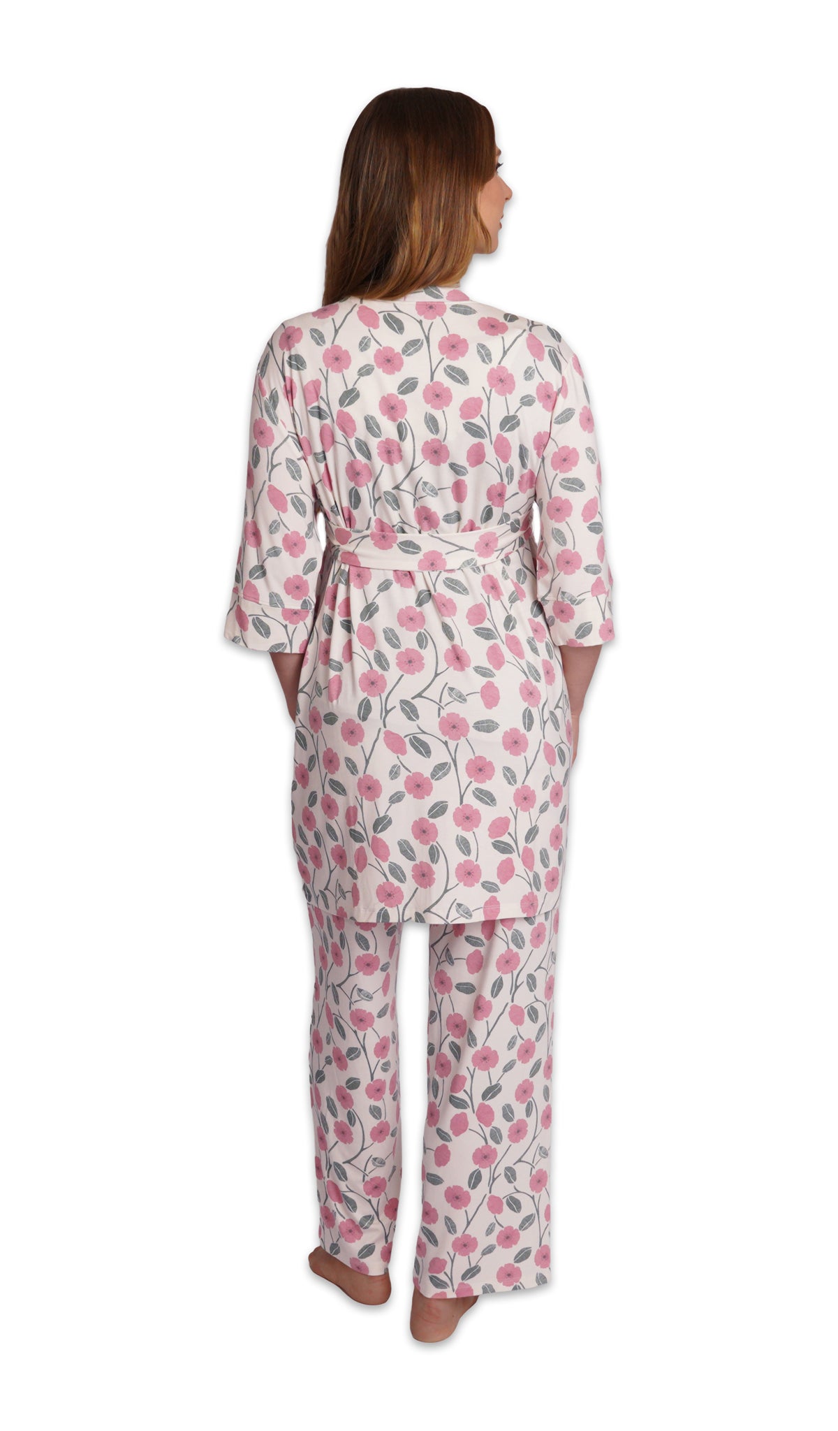 Honey Bloom Analise 3-Piece Set, back shot of woman wearing robe and pant.