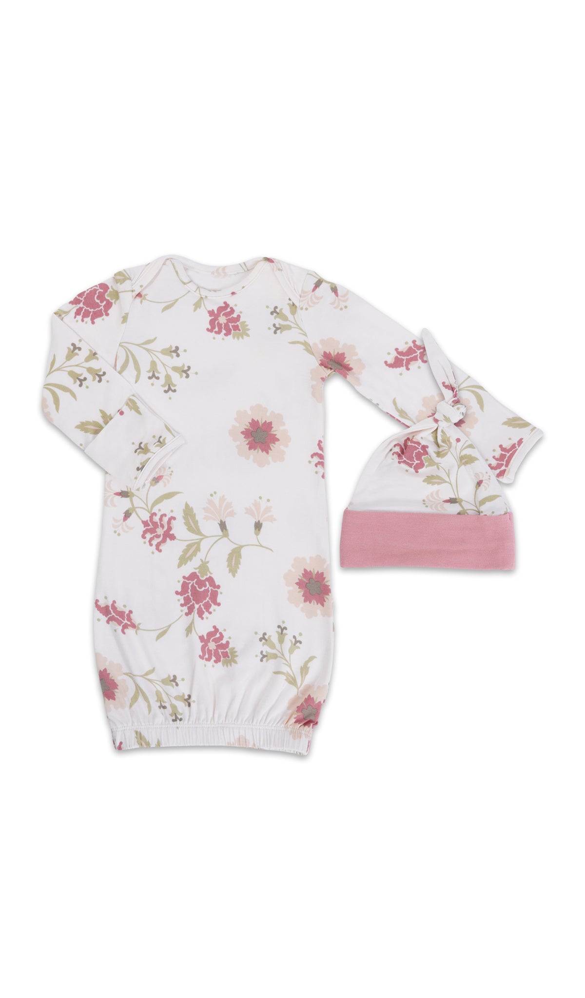 Cottage Floral Analise 5-Piece Set, gown and knotted hat for baby.