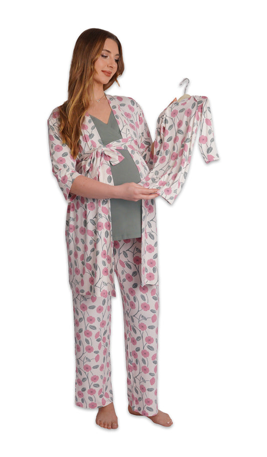 Honey Bloom Analise 5-Piece Set. Pregnant woman wearing 3/4 sleeve robe, tank top and pant while holding a baby gown on hanger.
