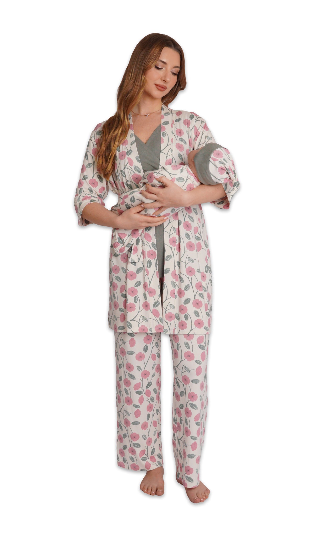 Honey Bloom Analise 5-Piece Set. Woman wearing 3/4 sleeve robe, tank top and pant while holding a baby wearing baby gown and knotted baby hat.