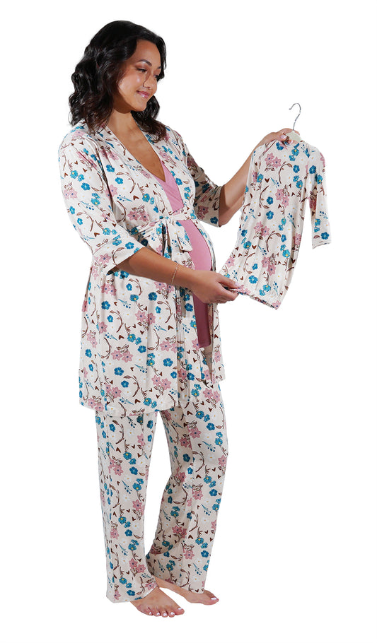 Magnolia Analise 5-Piece Set. Pregnant woman wearing 3/4 sleeve robe, tank top and pant while holding a baby gown on hanger.