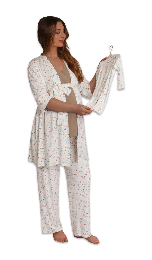 Nest Analise 5-Piece Set. Pregnant woman wearing 3/4 sleeve robe, tank top and pant while holding a baby gown on hanger.