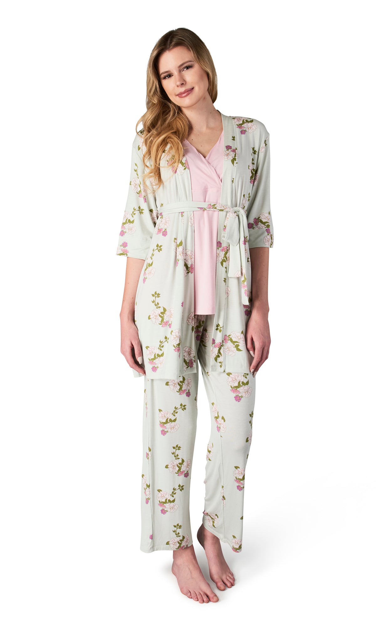Peony Analise 3-Piece Set. Woman wearing 3/4 sleeve robe, tank top and pant.