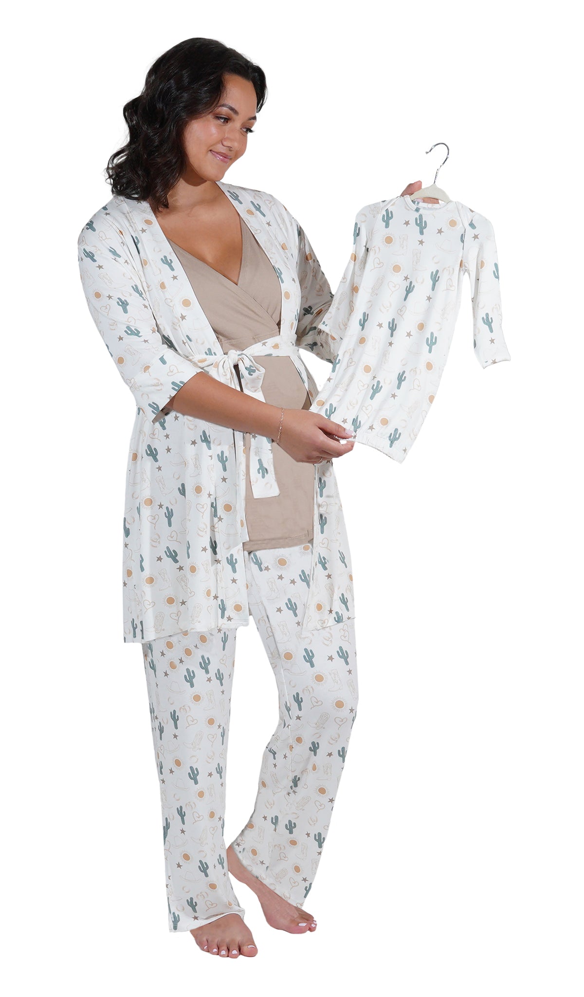 Rodeo Analise 5-Piece Set. Pregnant woman wearing 3/4 sleeve robe, tank top and pant while holding a baby gown on hanger.