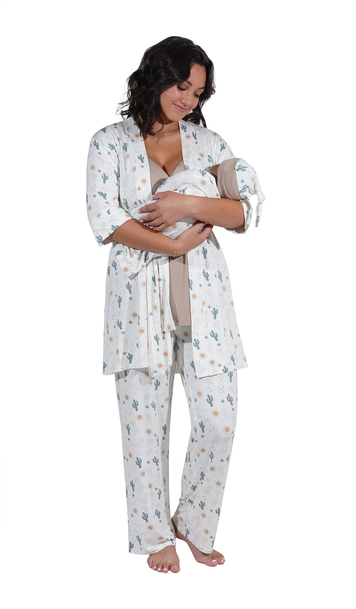 Rodeo Analise 5-Piece Set. Woman wearing 3/4 sleeve robe, tank top and pant while holding a baby wearing baby gown and knotted baby hat.