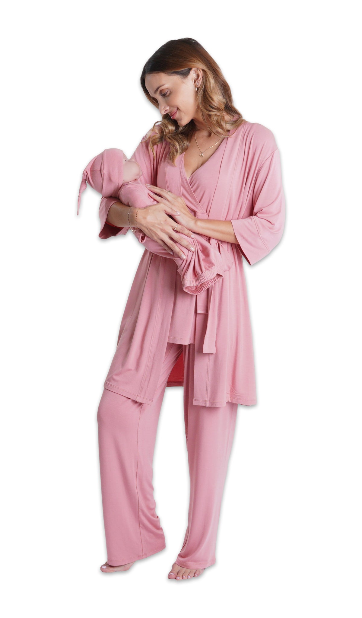 Rose Analise 5-Piece Set. Woman wearing 3/4 sleeve robe, tank top and pant while holding a baby wearing baby gown and knotted baby hat.