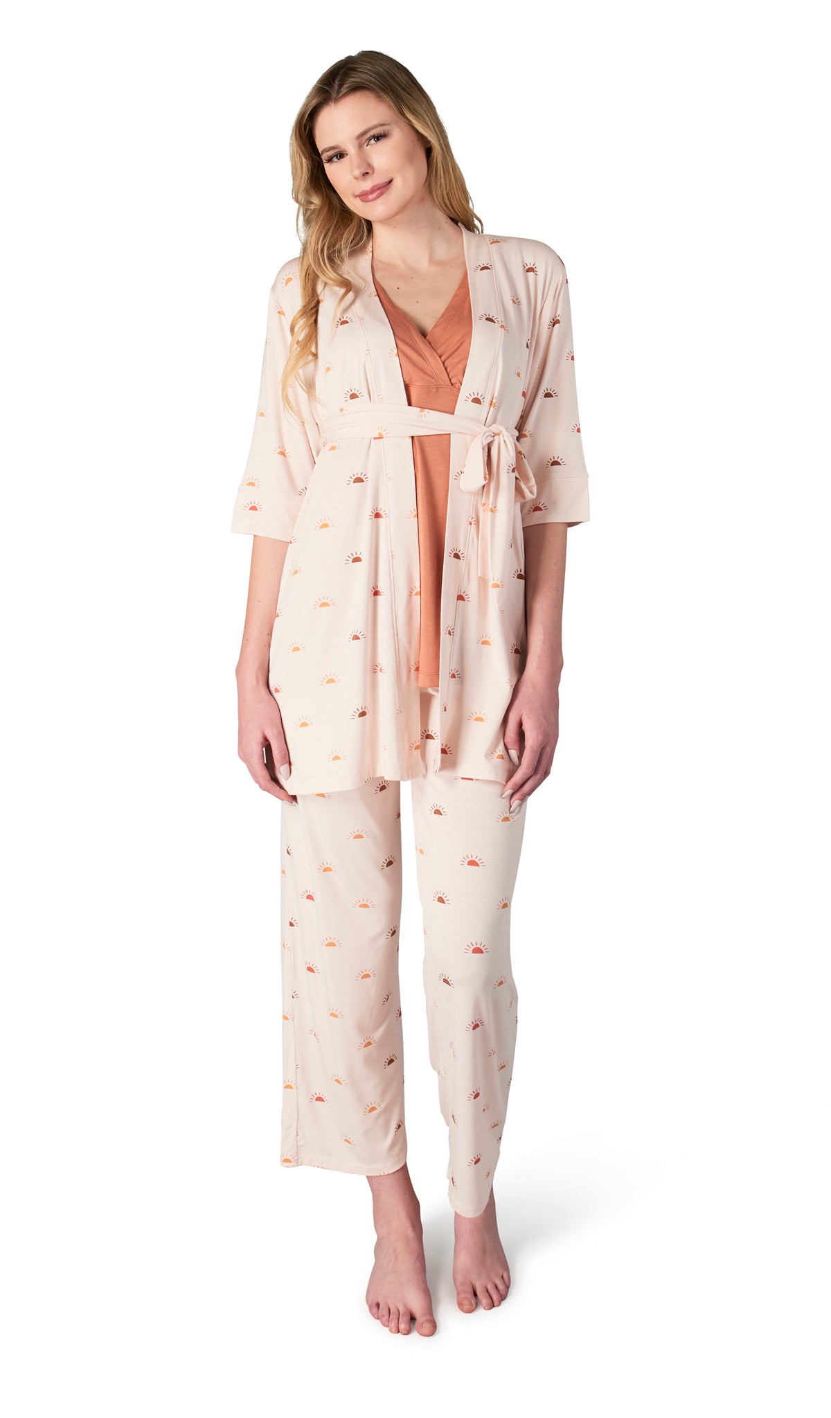 Sunrise Analise 3-Piece Set. Woman wearing 3/4 sleeve robe, tank top.