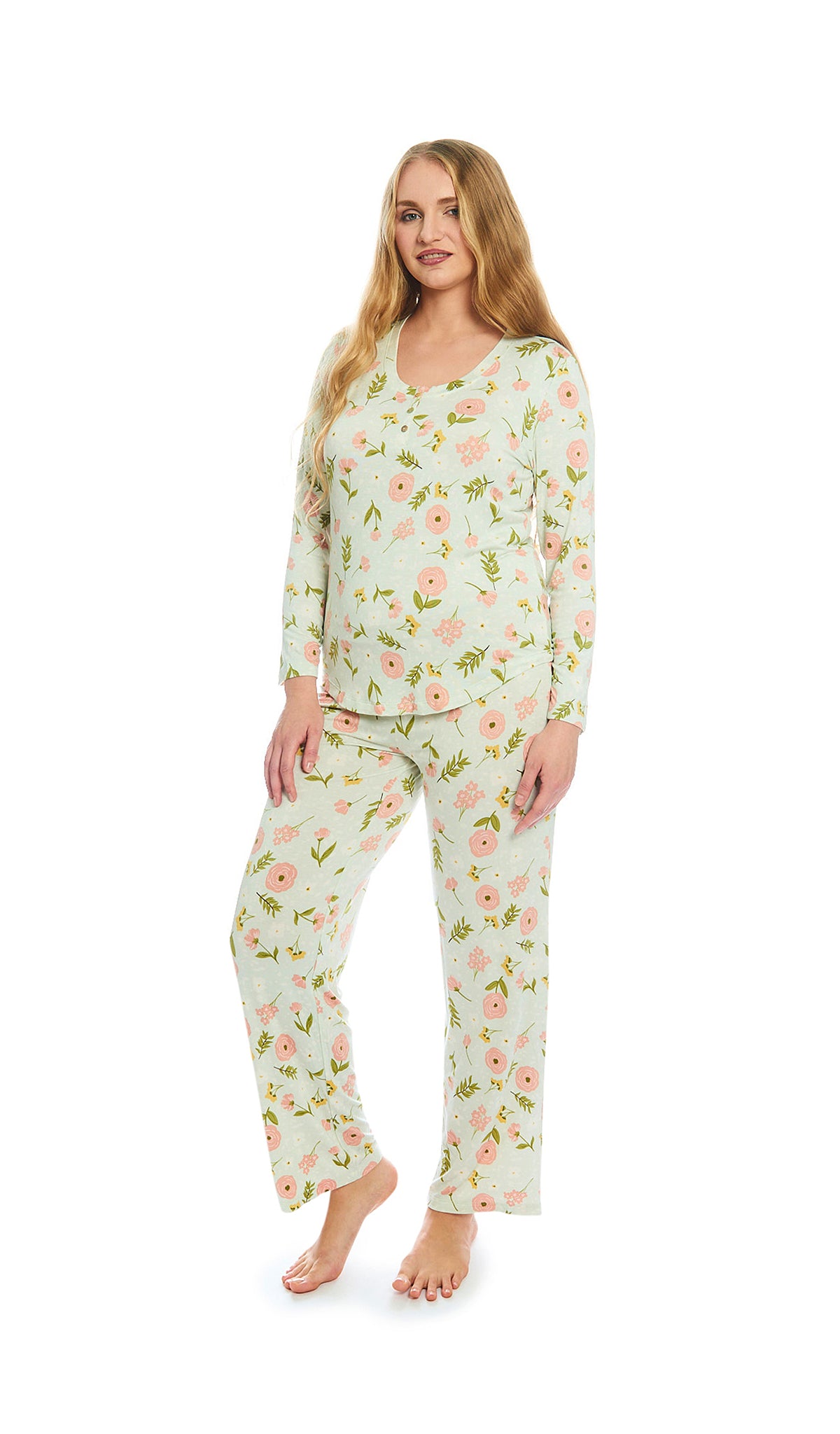 Carnation Laina 2-Piece Set. Woman wearing button front placket long sleeve top and pant with one hands down to side.