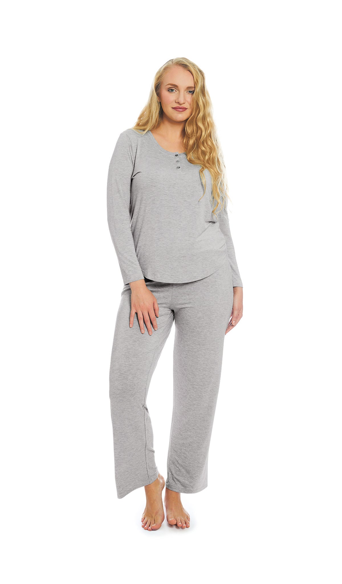 Heather Grey Solid Laina 2-Piece Set. Woman wearing button front placket long sleeve top and pant.