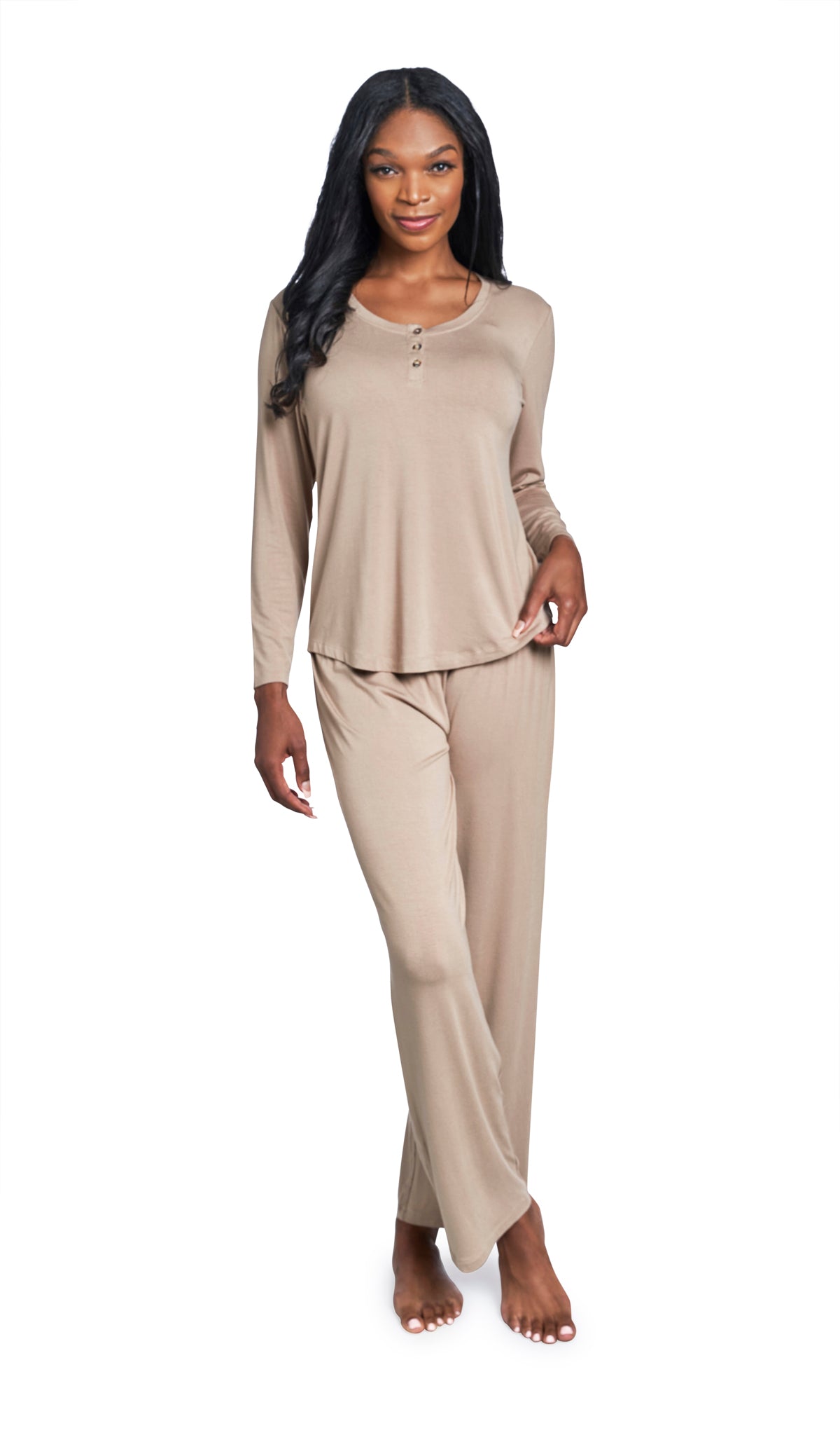 Latte Laina 2-Piece Set. Woman wearing button front placket long sleeve top and pant with one hand holding hem of shirt.