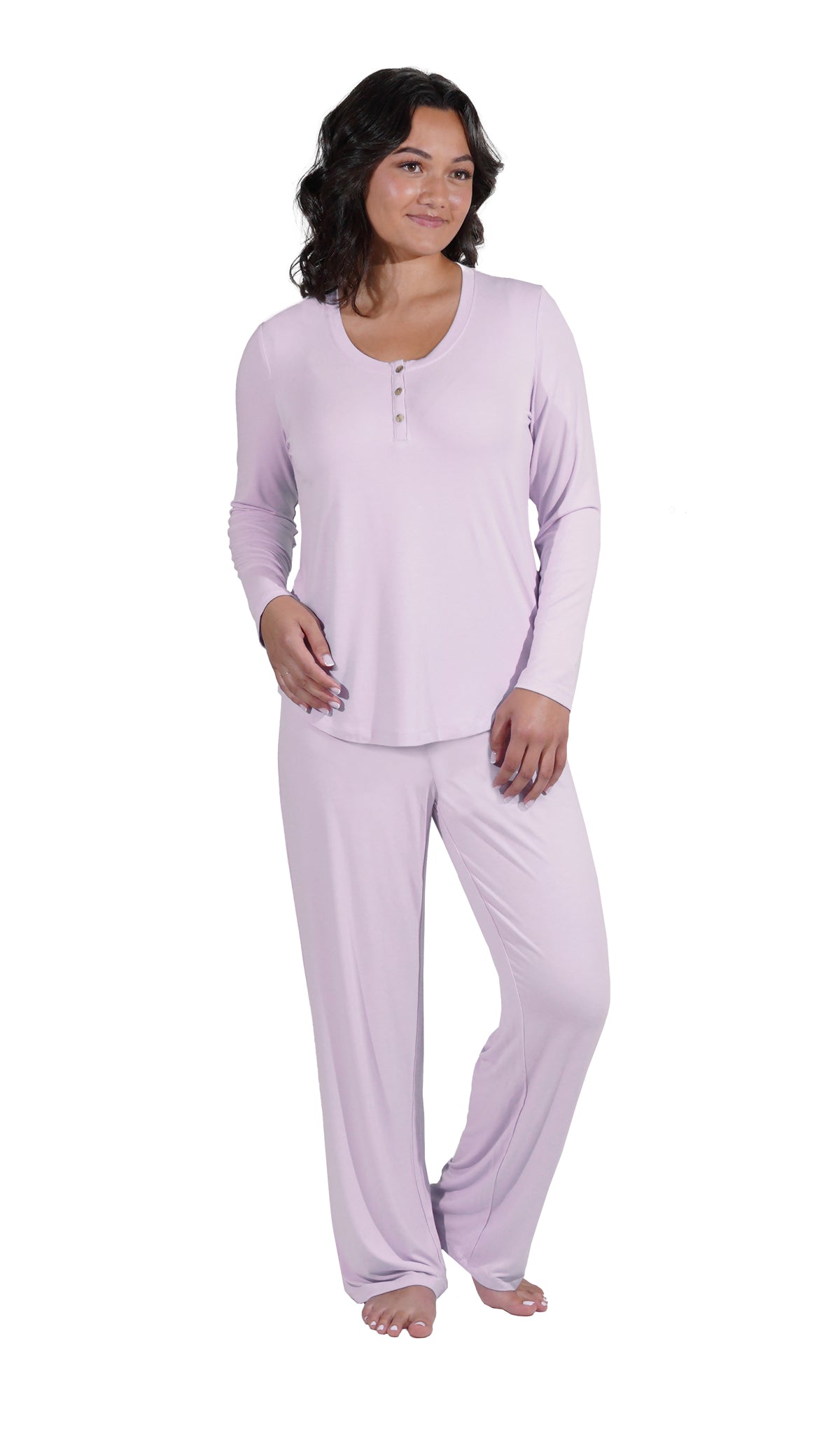 Lavender Laina 2-Piece Set. Woman wearing button front placket long sleeve top and pant with one hand resting on hip.