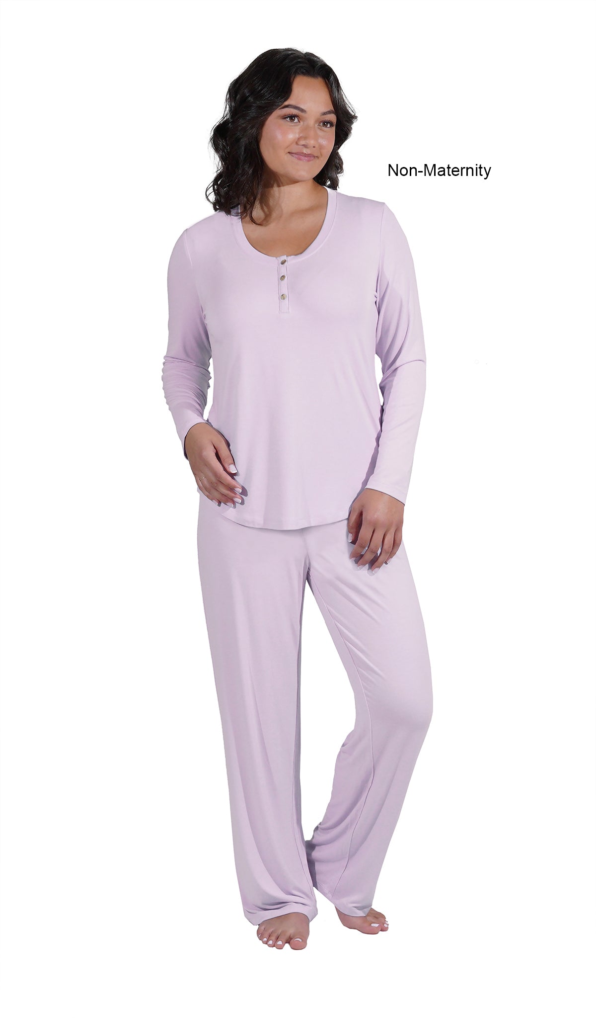 Lavender Laina 2-Piece Set. Woman wearing button front placket long sleeve top and pant as non-maternity with one hand resting on hip.