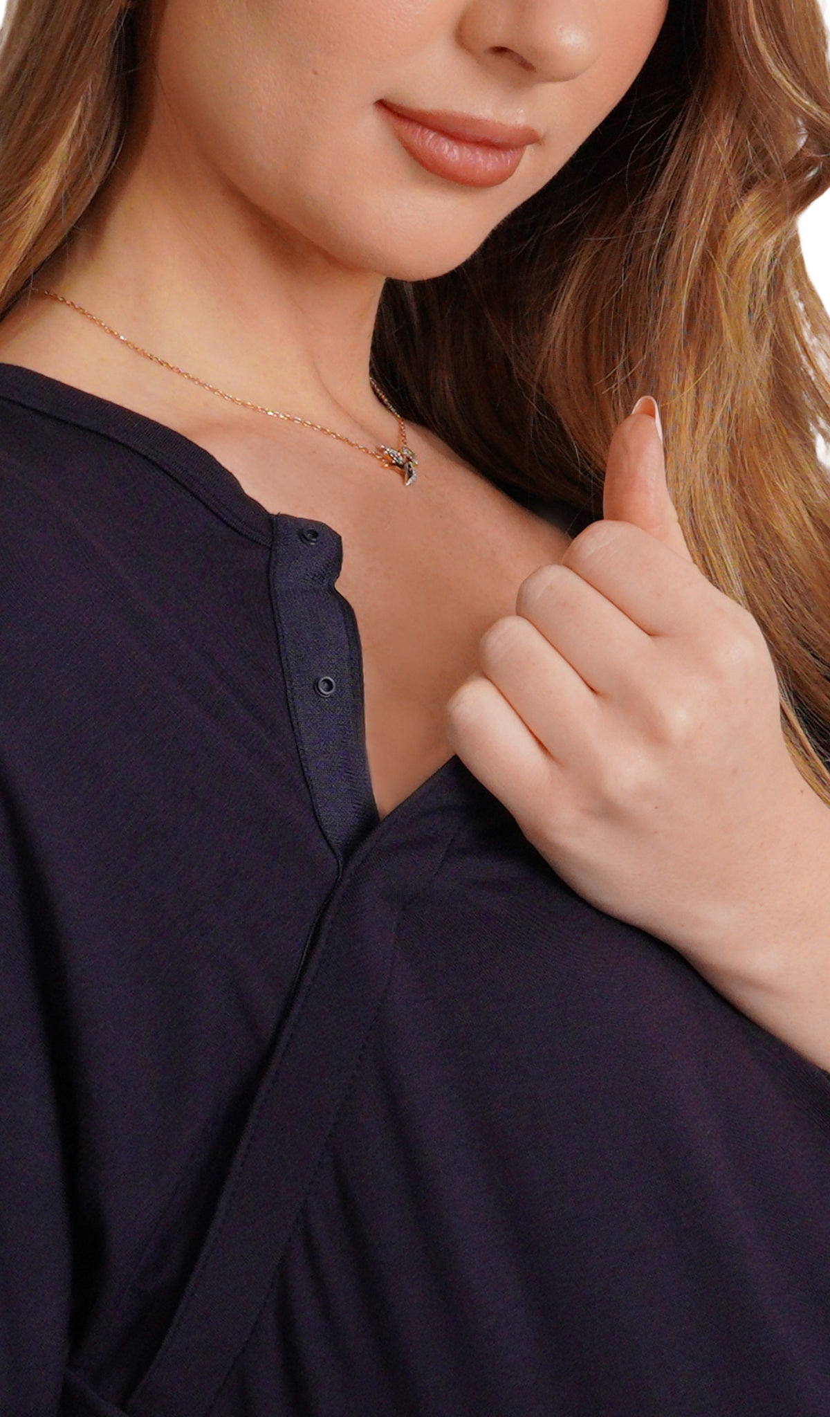 Midnight Rosa hospital gown, detailed shot of nursing access through snap opening.
