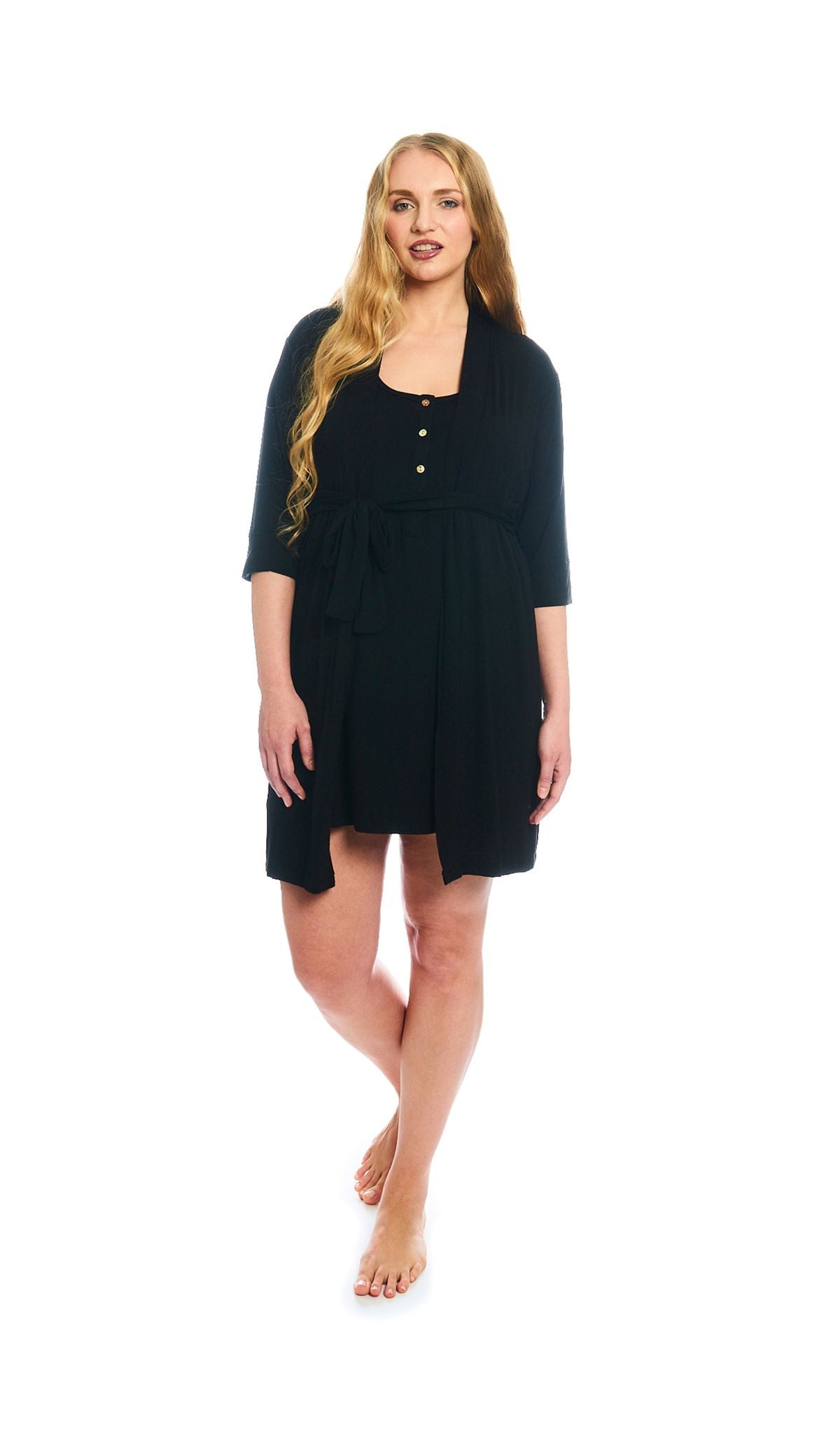 Black Elia 2-Piece Set. Woman 3/4 sleeve robe and short sleeve button front placket nightgown.