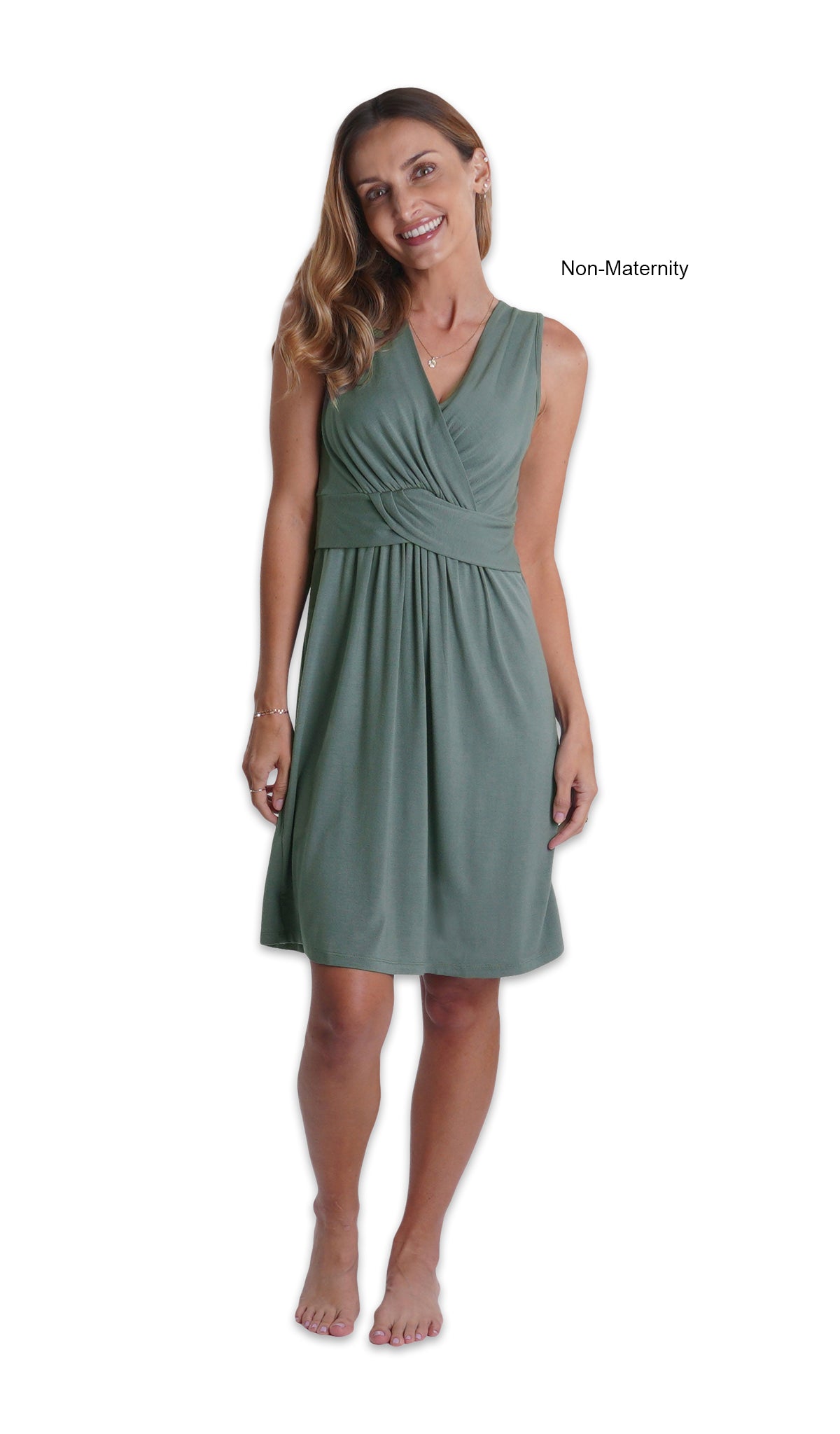 Fog Evie Nightgown. Woman wearing sleeveless nightgown with criss-cross v-neckline and empire waist that falls to knee length. Non-Maternity text printed to the right.